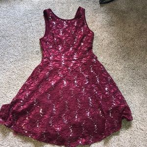 red laced prom dress